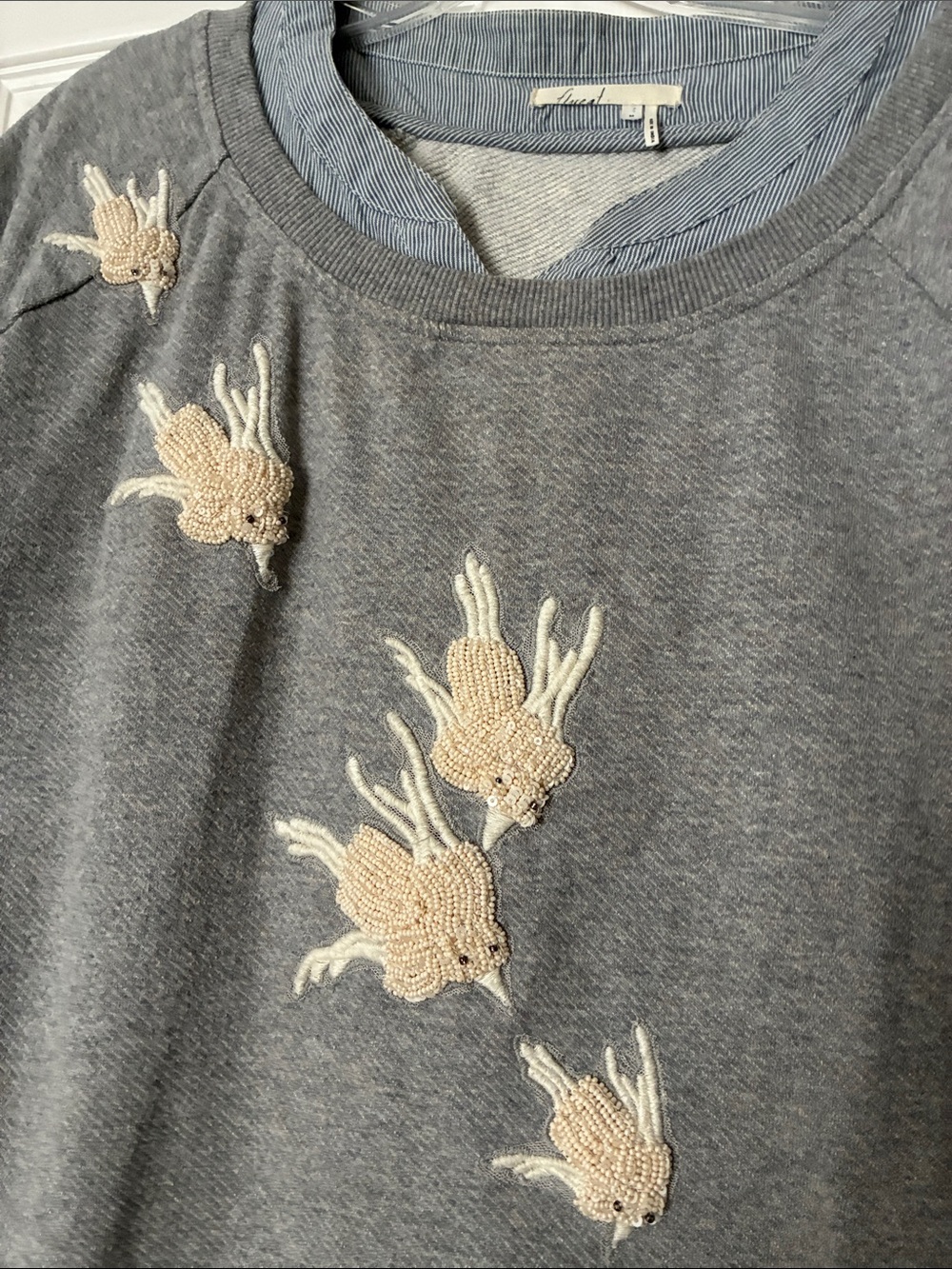 Anthropologie Floreat Gray Layered Embroidered Short-Sleeve Sweatshirt M - Picture 2 of 11